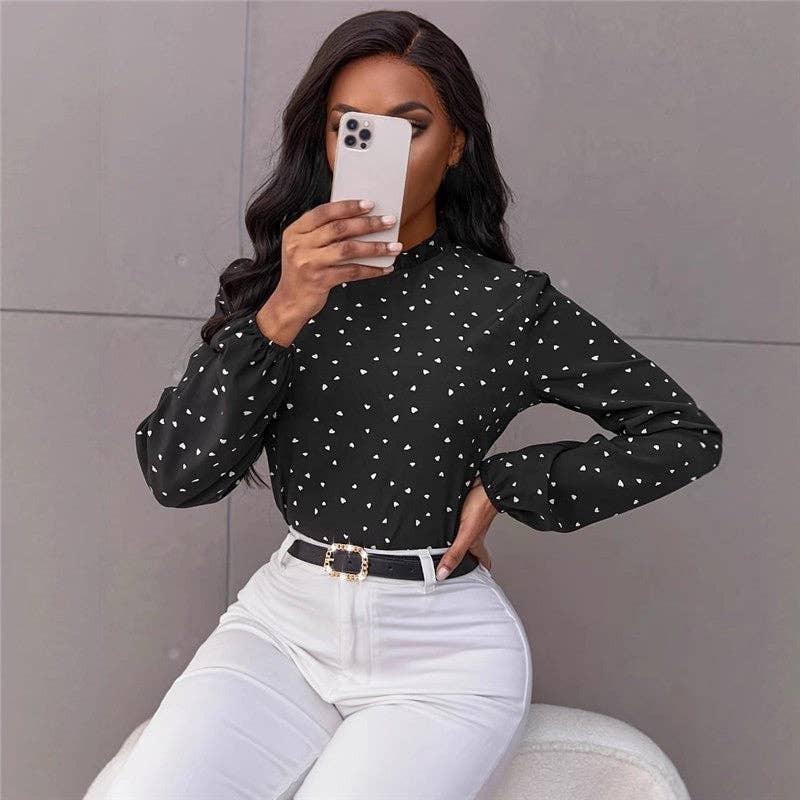 Stand Collar Heart Print Long Sleeve Shirt