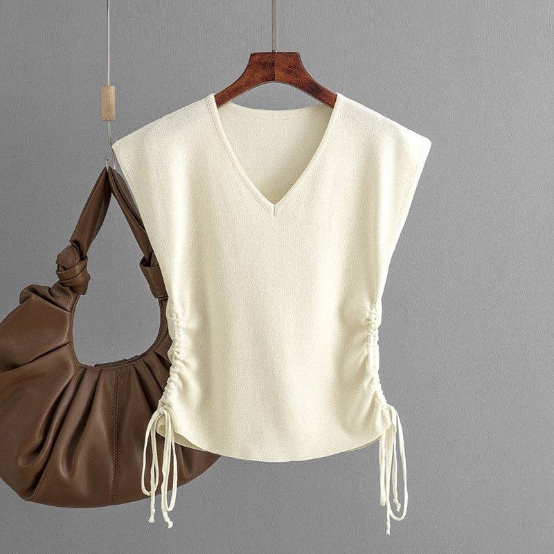 Knitted Sleeveless V-Neck Drawstring Short Slim Fit T-Shirt