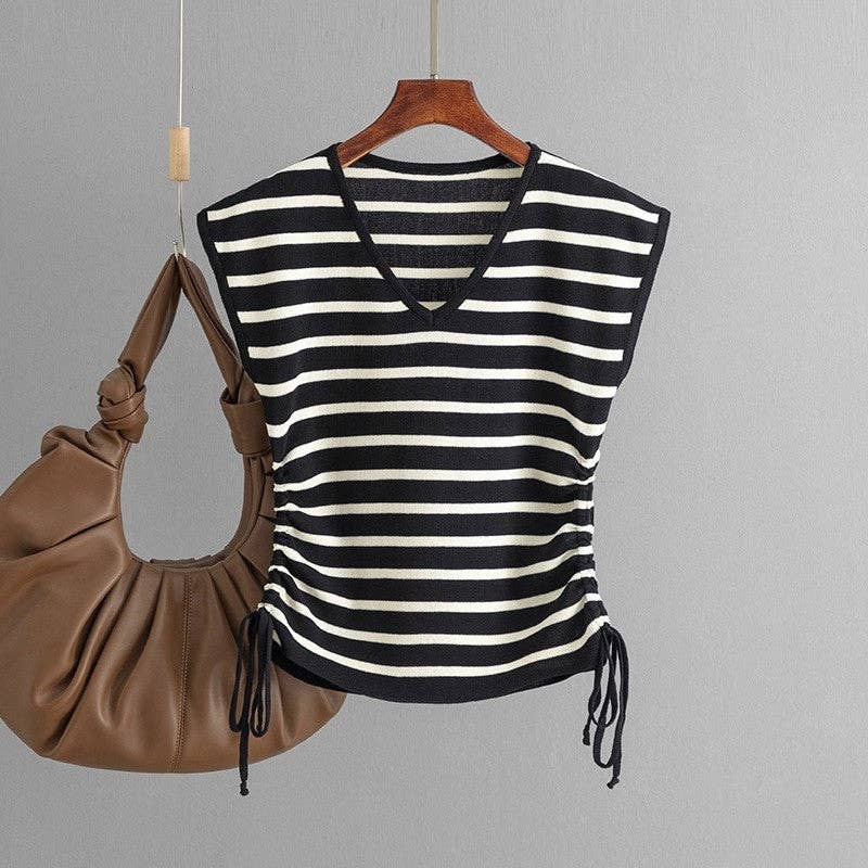 Knitted Sleeveless V-Neck Drawstring Short Slim Fit T-Shirt
