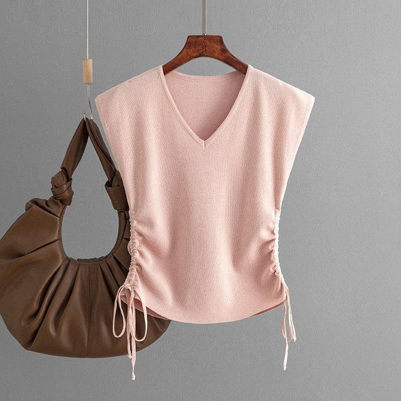 Knitted Sleeveless V-Neck Drawstring Short Slim Fit T-Shirt