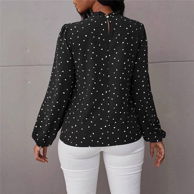 Stand Collar Heart Print Long Sleeve Shirt