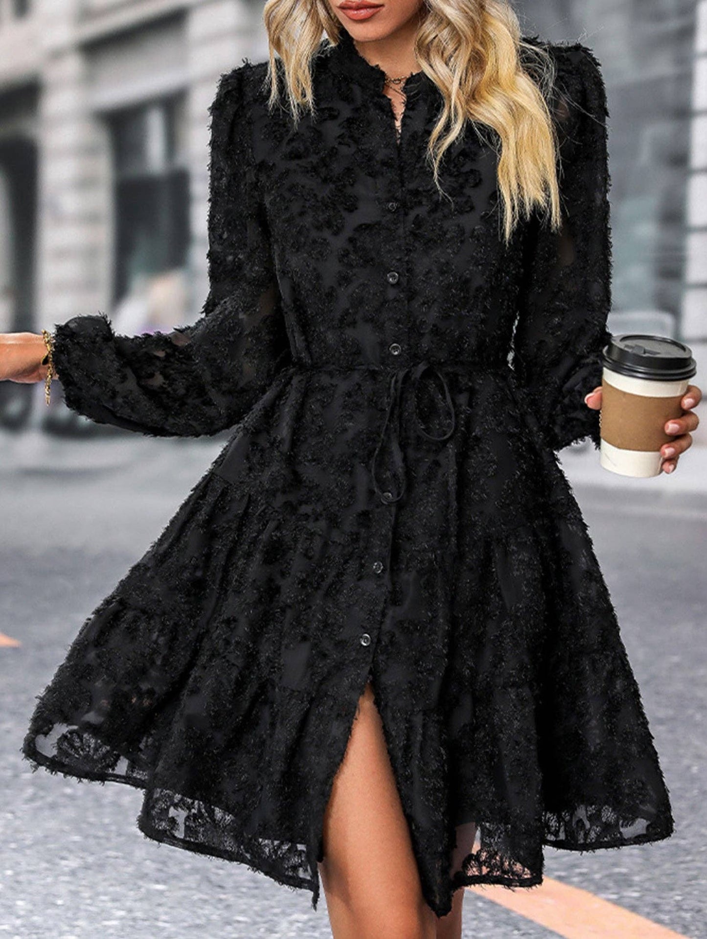Retro style lace long sleeve puff sleeve dress