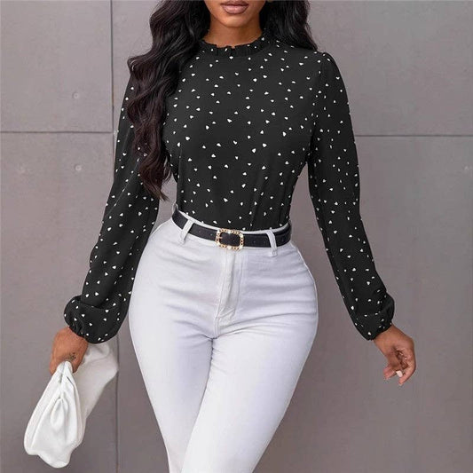 Stand Collar Heart Print Long Sleeve Shirt