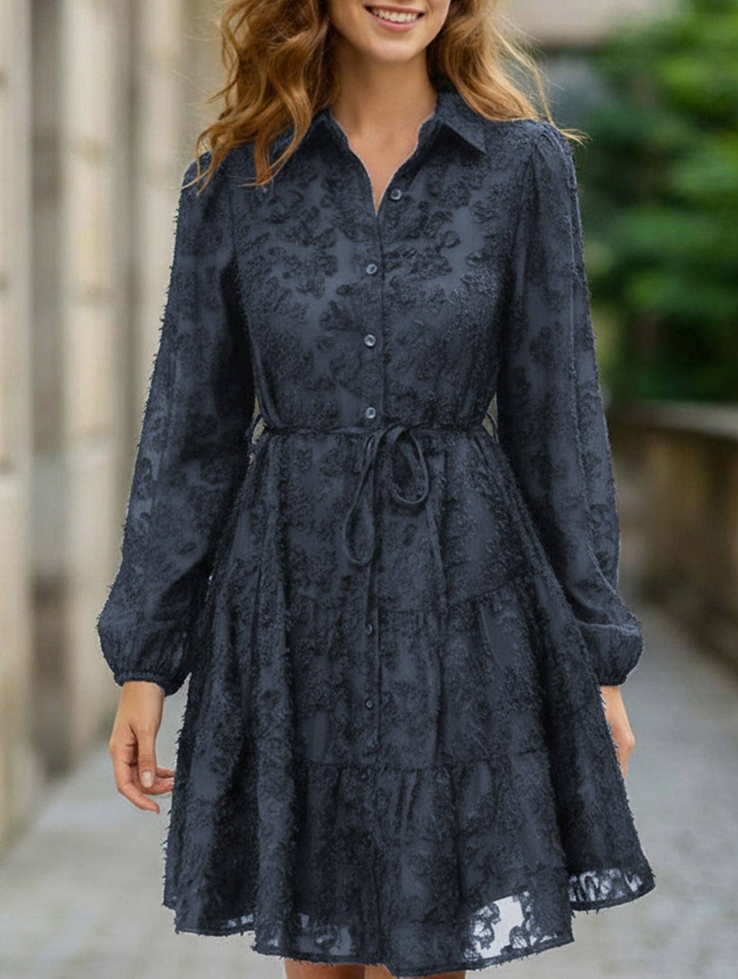 Retro style lace long sleeve puff sleeve dress