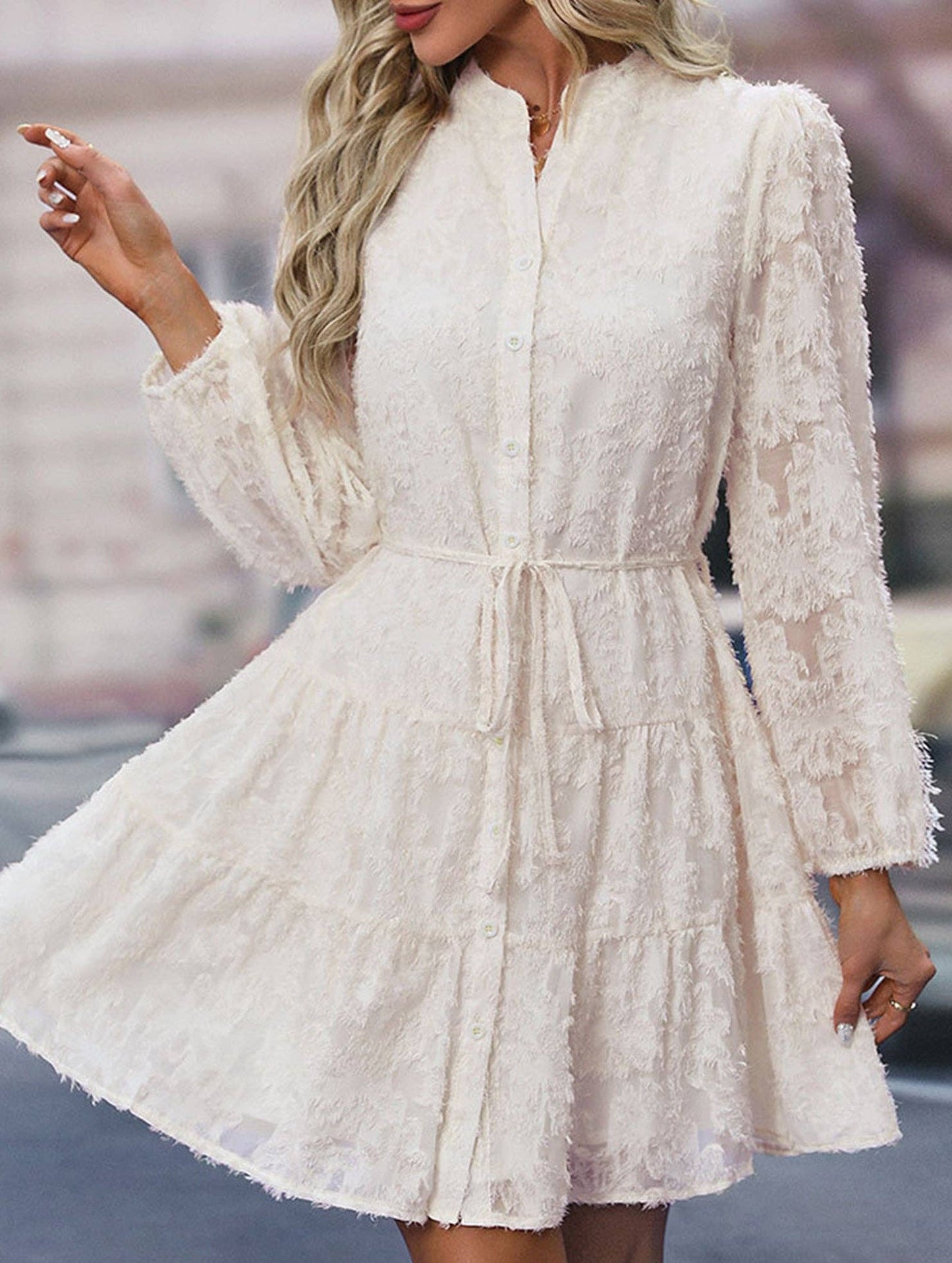 Retro style lace long sleeve puff sleeve dress
