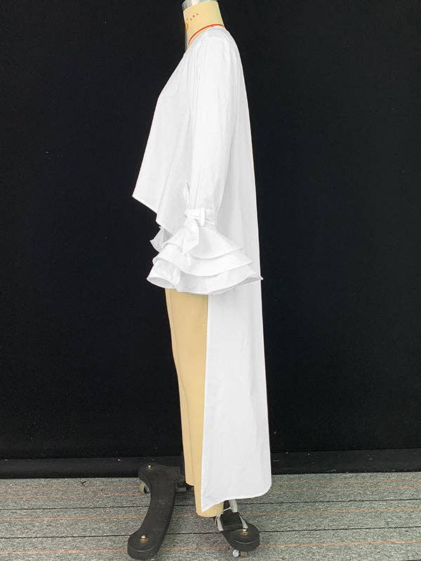 High-Low Loose Solid Color Split-Joint Tiered Round-Neck Blouses&Shirts Tops