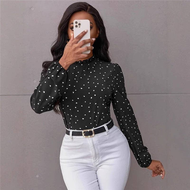 Stand Collar Heart Print Long Sleeve Shirt