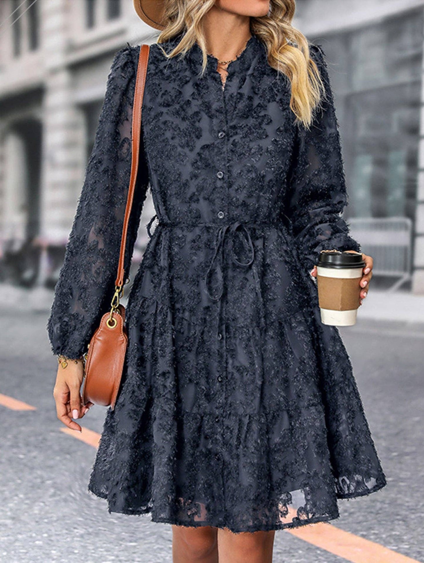 Retro style lace long sleeve puff sleeve dress