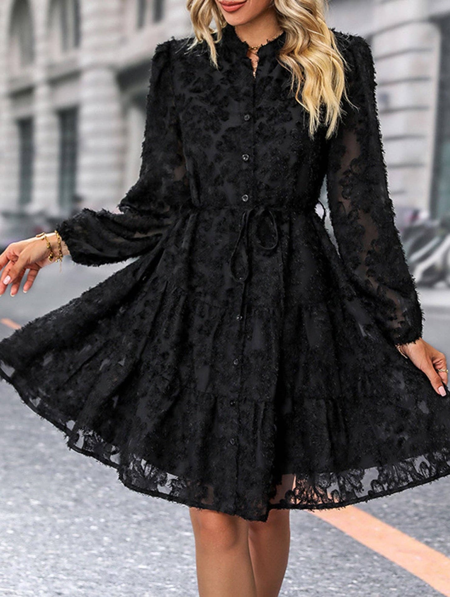 Retro style lace long sleeve puff sleeve dress