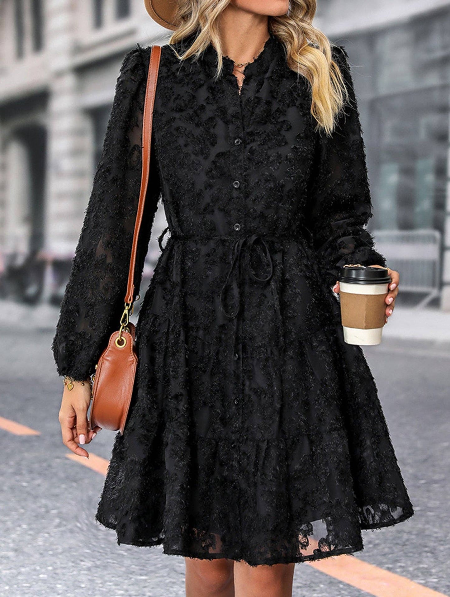 Retro style lace long sleeve puff sleeve dress