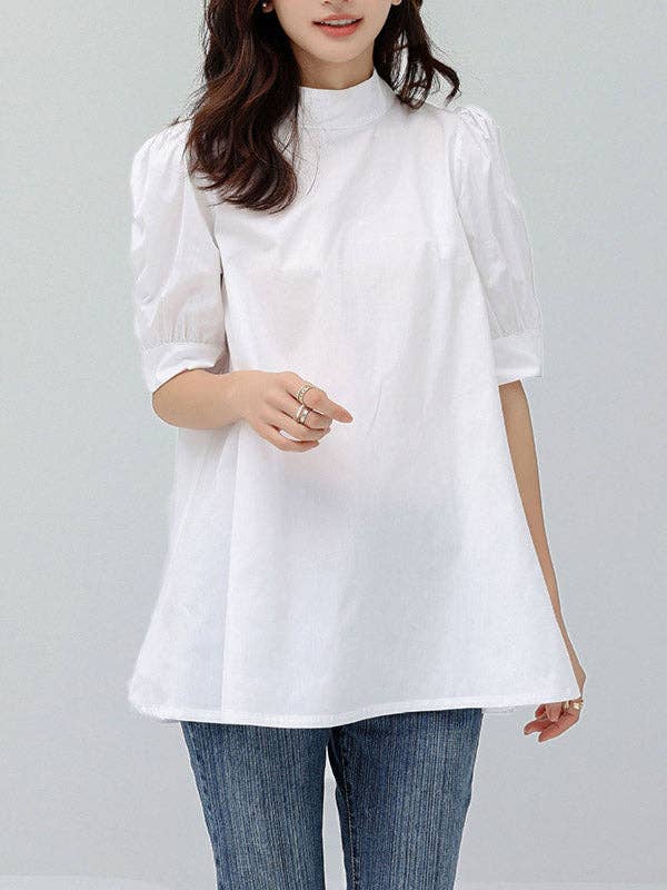 Half Sleeves Loose Bowknot Pleated Solid Color Mock Neck Blouses&Shirts Tops