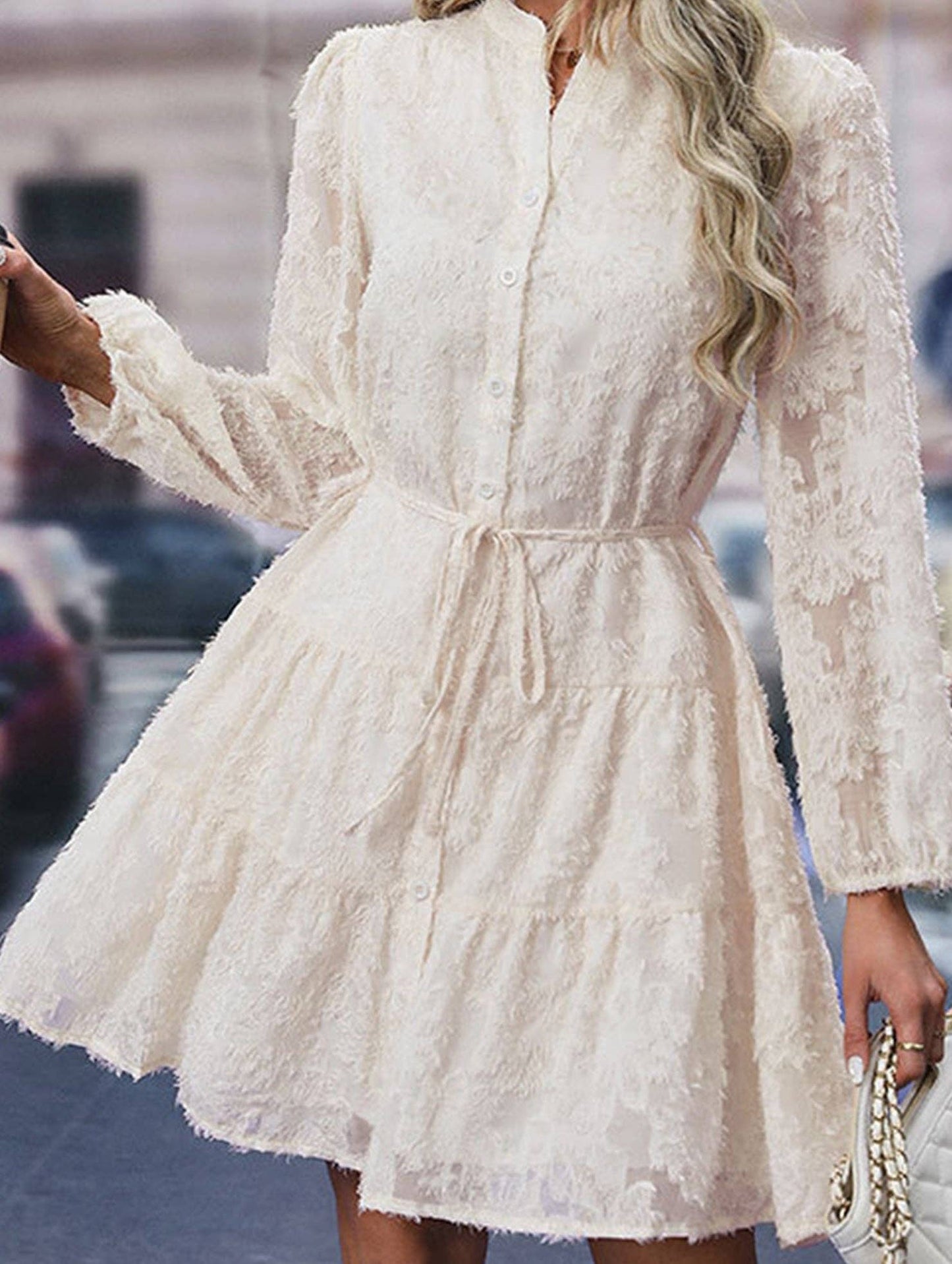 Retro style lace long sleeve puff sleeve dress