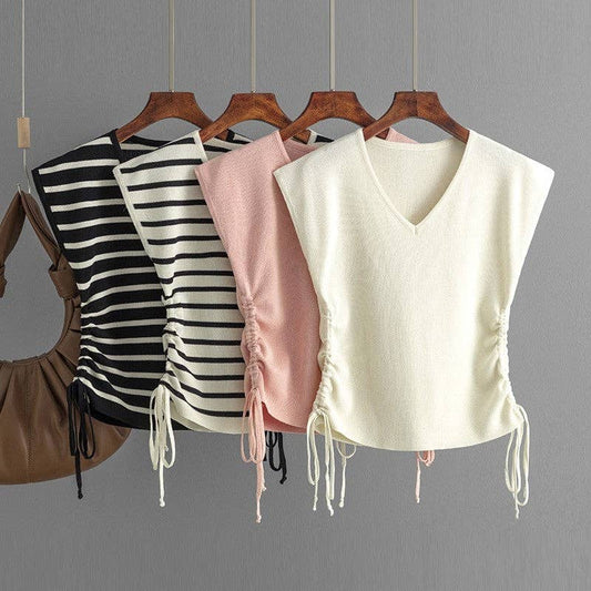 Knitted Sleeveless V-Neck Drawstring Short Slim Fit T-Shirt